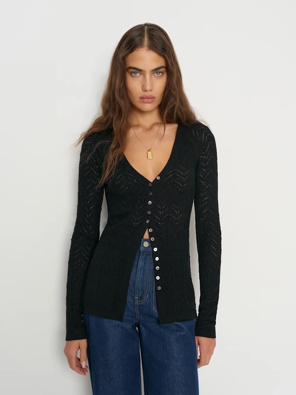 Reformation Black Open Knit Merino Wool Cardigan